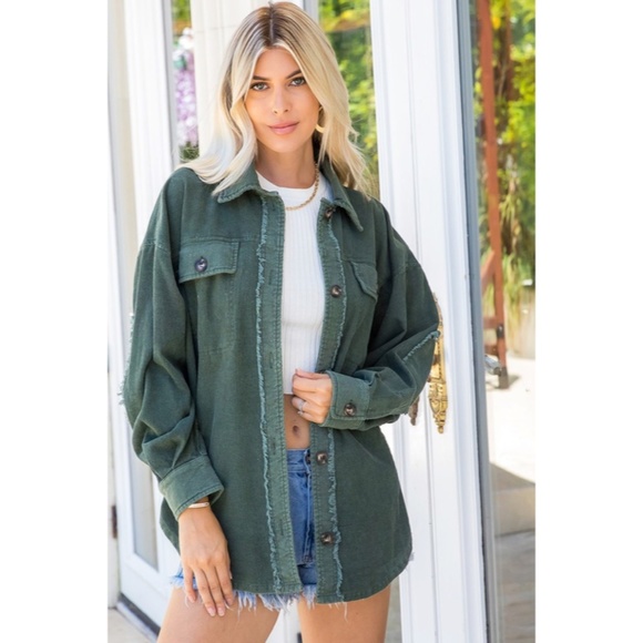 Jackets & Blazers - SOLD OUT Olive Green Corduroy Washed Shacket Oversized Relaxed Casual Jacket